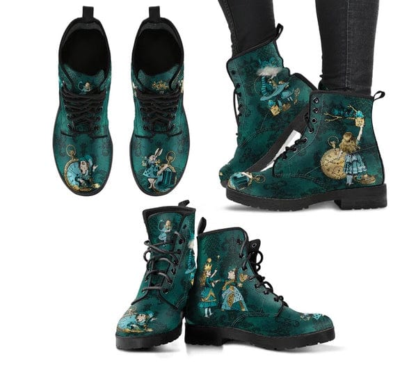Dark green Alice in Wonderland boots featuring the cheshire cat and Alice, top, side, front views