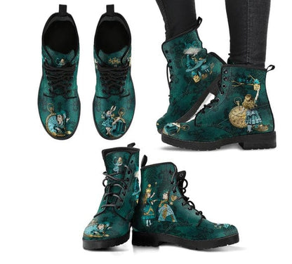 Dark green Alice in Wonderland boots featuring the cheshire cat and Alice, top, side, front views