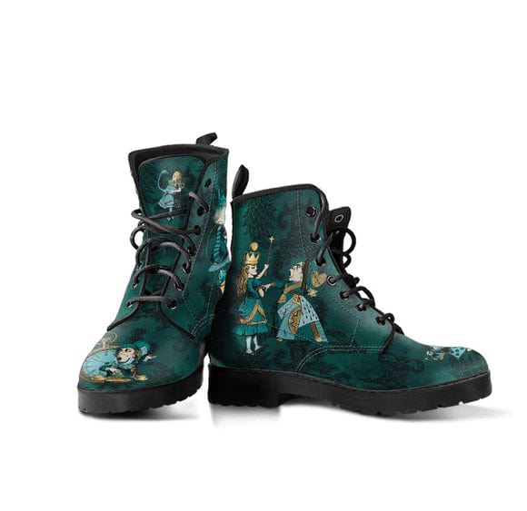 Dark green Alice in Wonderland boots featuring the cheshire cat and Alice, vegan leather