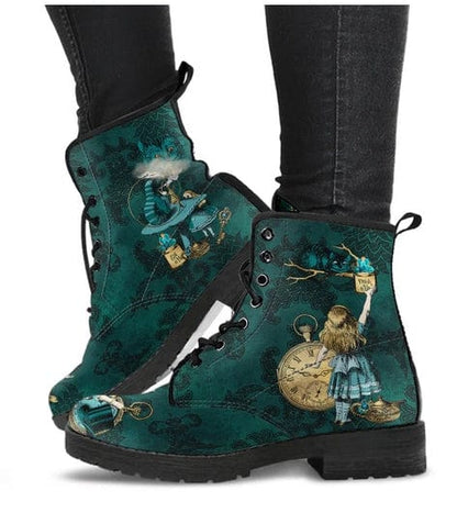 side view showing the Alice in Wonderland characters on the Dark green Alice in Wonderland boots featuring the cheshire cat and Alice