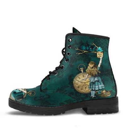 Dark green Alice in Wonderland boots featuring the cheshire cat and Alice, side view