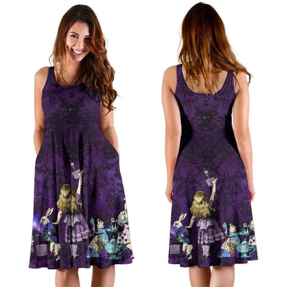 front and back views showing Alice reaching up for the Drink Me bottle on the dark purple gothic themed Alice in Wonderland mid length sleeveless dress