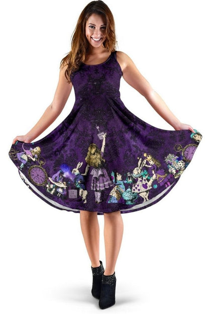 dark purple gothic themed Alice in Wonderland mid length sleeveless dress