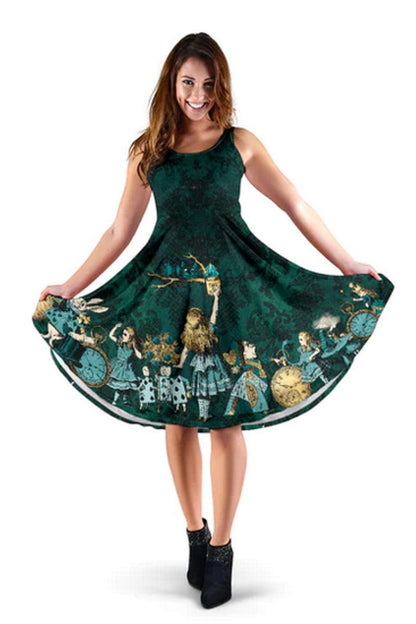 woman wearing the dark green Alice in Wonderland summer dress printed with the Alice in Wonderland characters on the border