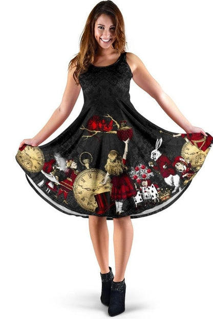 gothic red and black and gold Alice in Wonderland sleeveless mid length summer dress