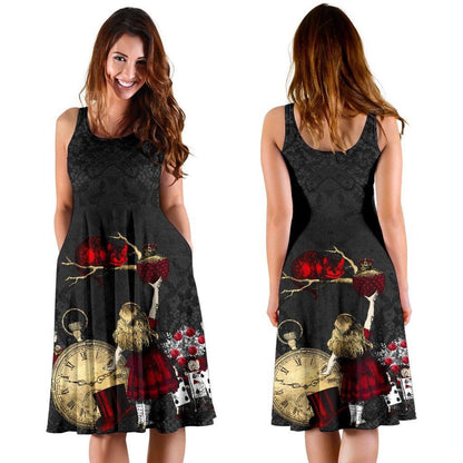 front & back views of the gothic red and black and gold Alice in Wonderland sleeveless mid length summer dress