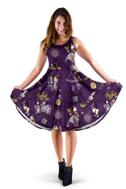 Purple Summer Dress printed with Alice in Wonderland characters