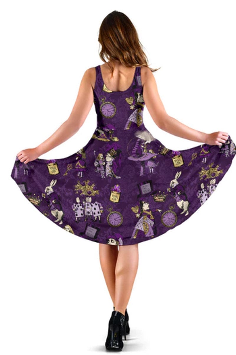 back view of the Purple Summer Dress printed with Alice in Wonderland characters