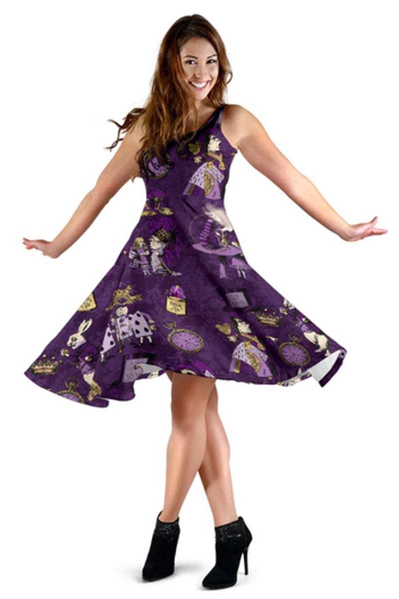 smiling woman twirling in the Purple Summer Dress printed with Alice in Wonderland characters