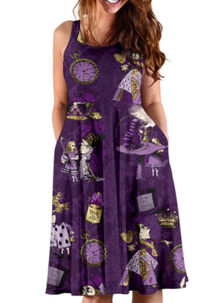 close up on the Purple Summer Dress printed with Alice in Wonderland characters