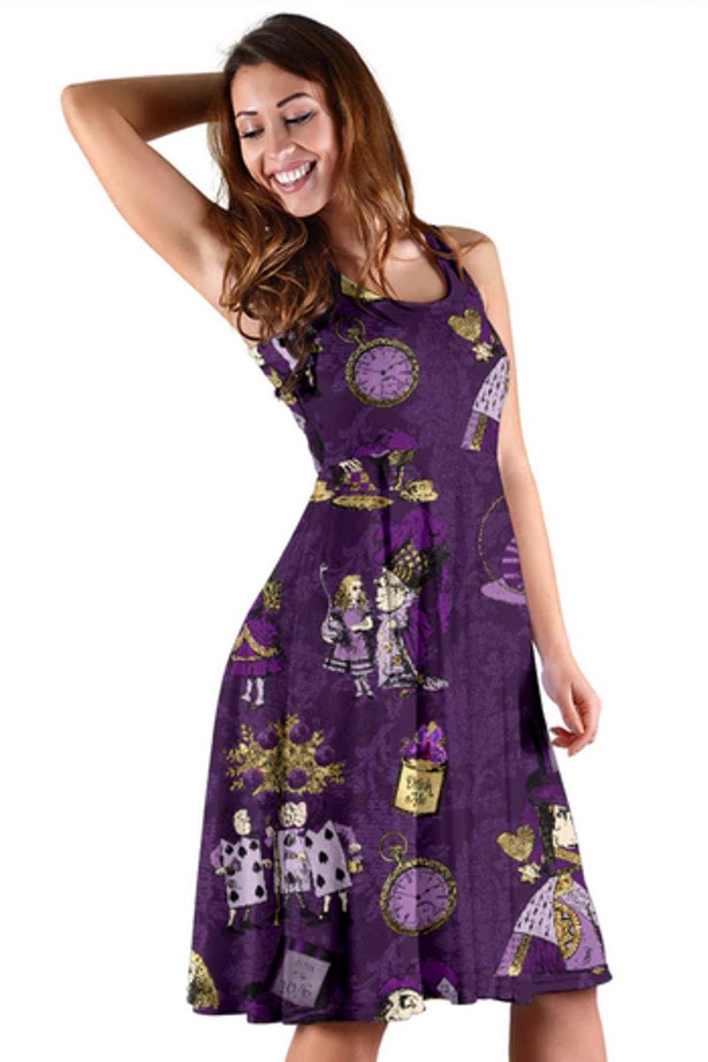 sleeveless Purple Summer Dress printed with Alice in Wonderland characters
