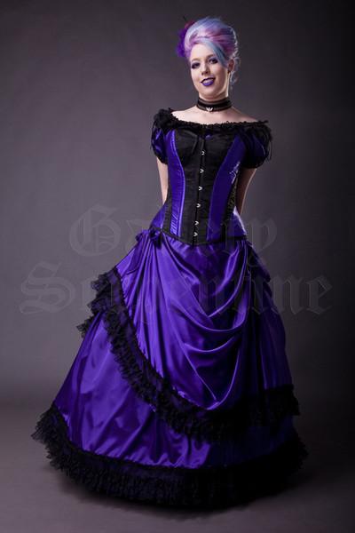 Amethyst Turn of the Century Corset steel boned, purple and black baroque patterned jacquard, made in Australia by Gallery Serpentine, gothic bridal model