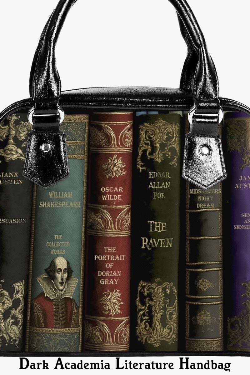 Dark Academia Literature Lovers handbag featuring spines of classic books Shakespeare Austen Poe