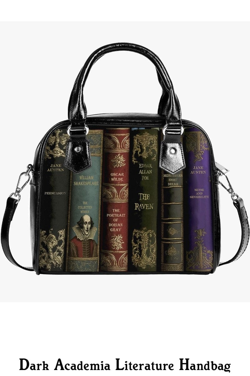 front view of the Dark Academia Literature Lovers handbag featuring spines of classic books Shakespeare Austen Poe showing the shoulder strap