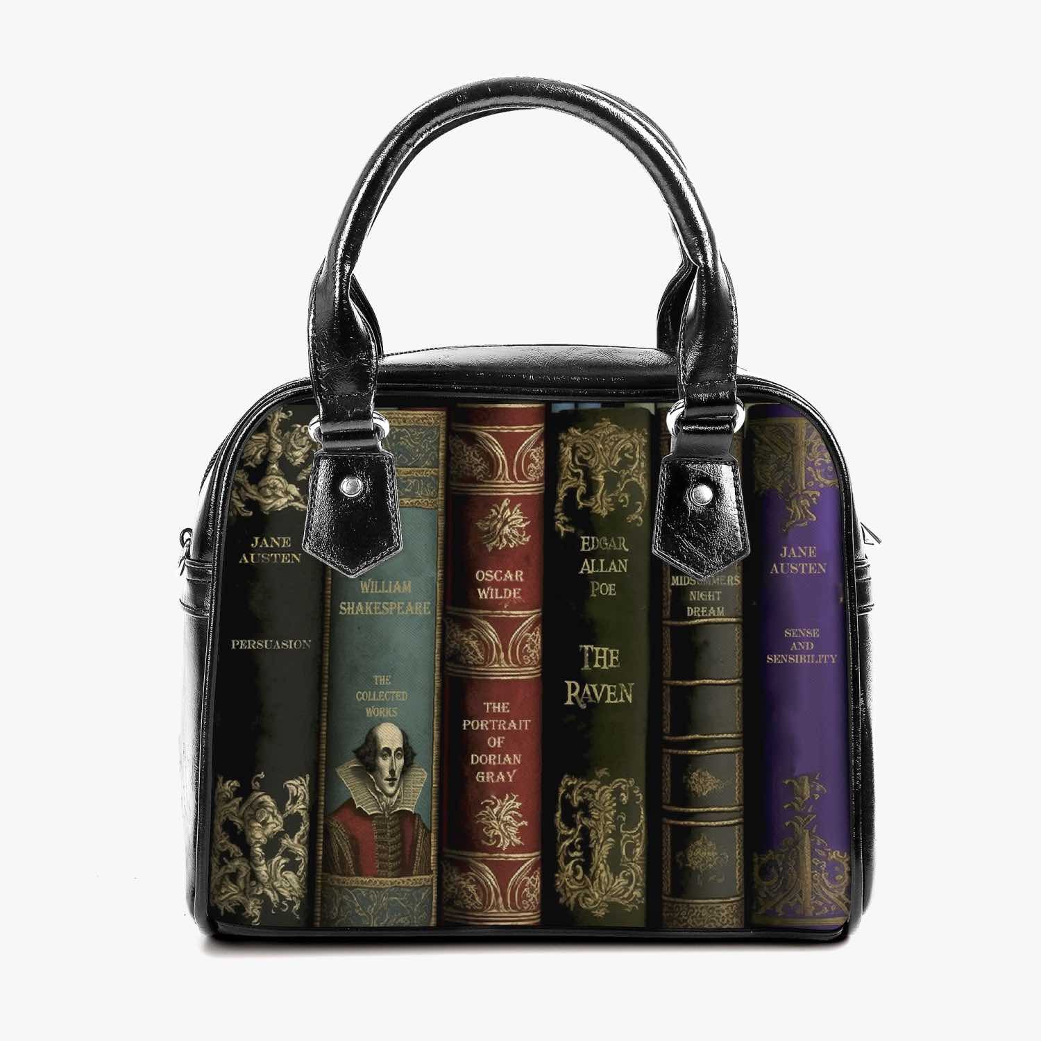 front view of the Dark Academia Literature Lovers handbag featuring spines of classic books Shakespeare Austen Poe