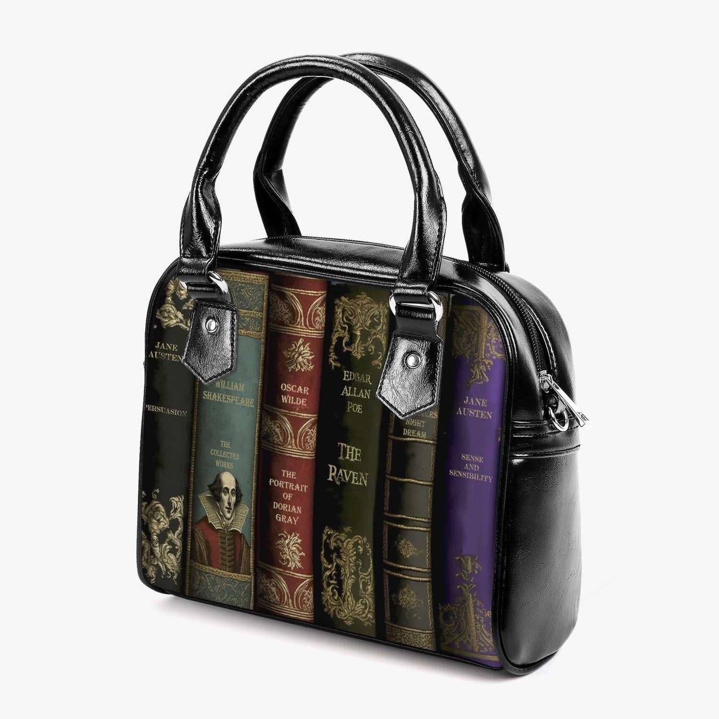 side view of the Dark Academia Literature Lovers handbag featuring spines of classic books Shakespeare Austen Poe