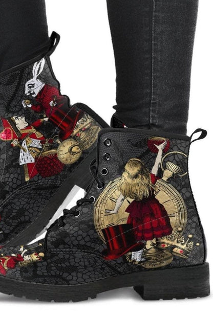 Red alice in wonderland on black gothic lace print vegan women's boots at Gallery Serpentine