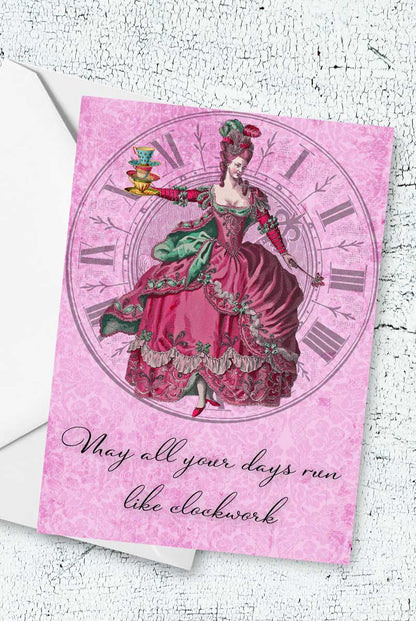 may all your days run like clockwork victorian lady print card