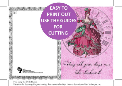 easy to print out victorian lady themed teacups and clockwork digital download card