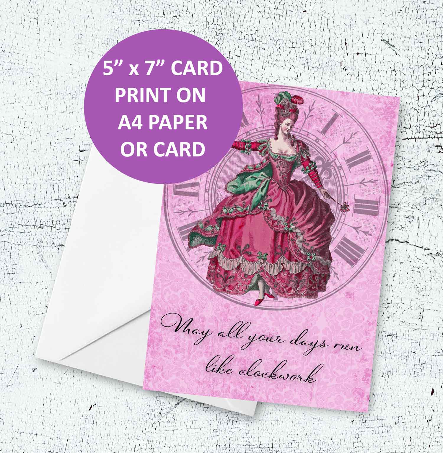 instructions for the card size to print out the Victorian Lady with teacups card