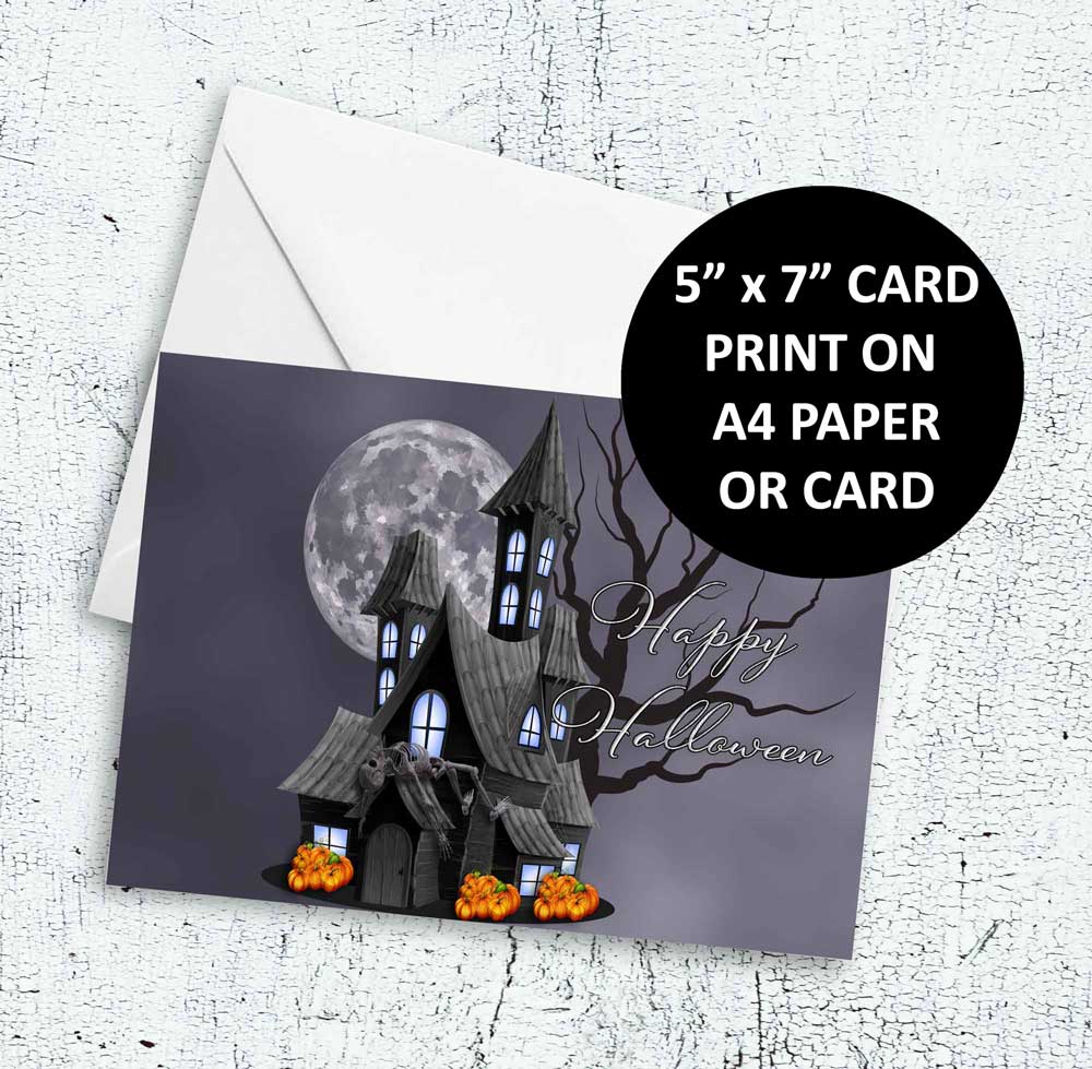 Halloween Haunted House Scene Card Instant Download Printable