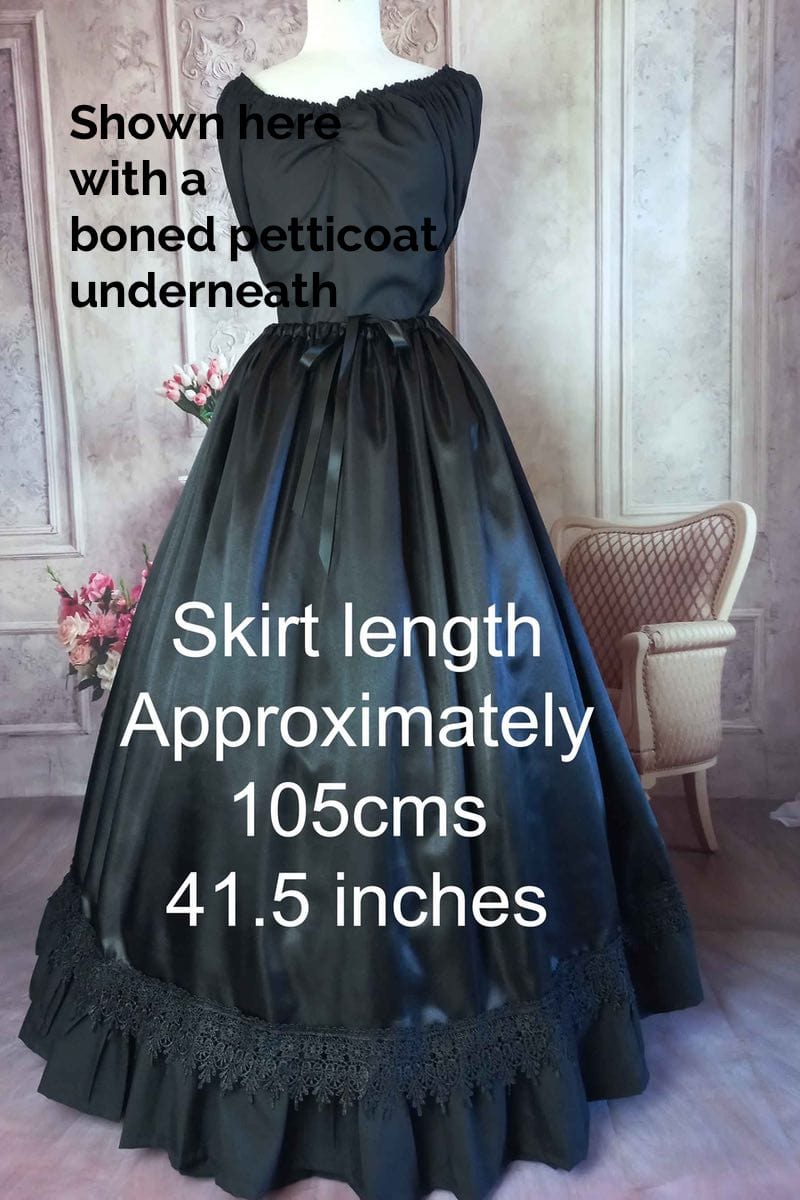 image of the new black satin gothic Majestica petticoat skirt with text overlay describing length of 105cm