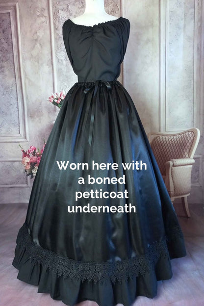 gothic black satin petticoat full length skirt worn over a boned petticoat crinoline by Gallery Serpentine