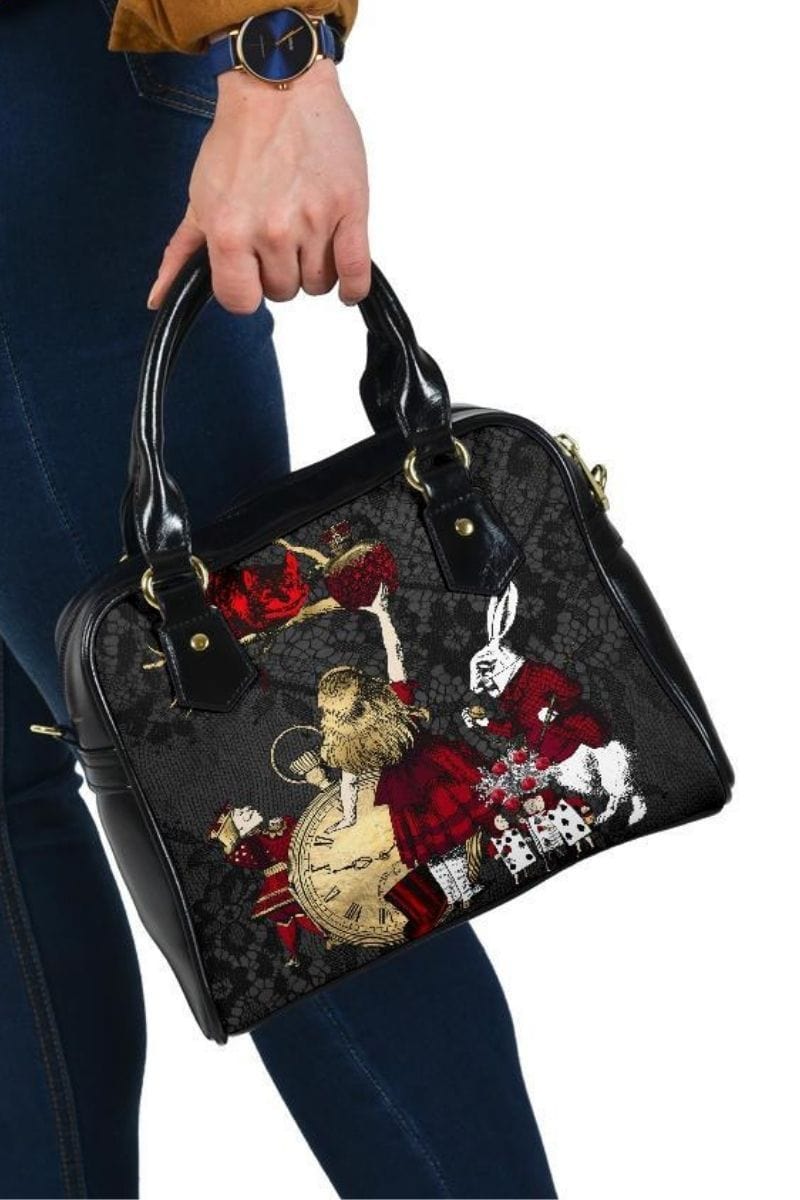 gothic red gold black lace Alice in Wonderland vegan leather handbag featuring the white rabbit
