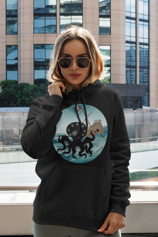 female wearing the Happy Pirate Kraken AS colour stencil hoodie