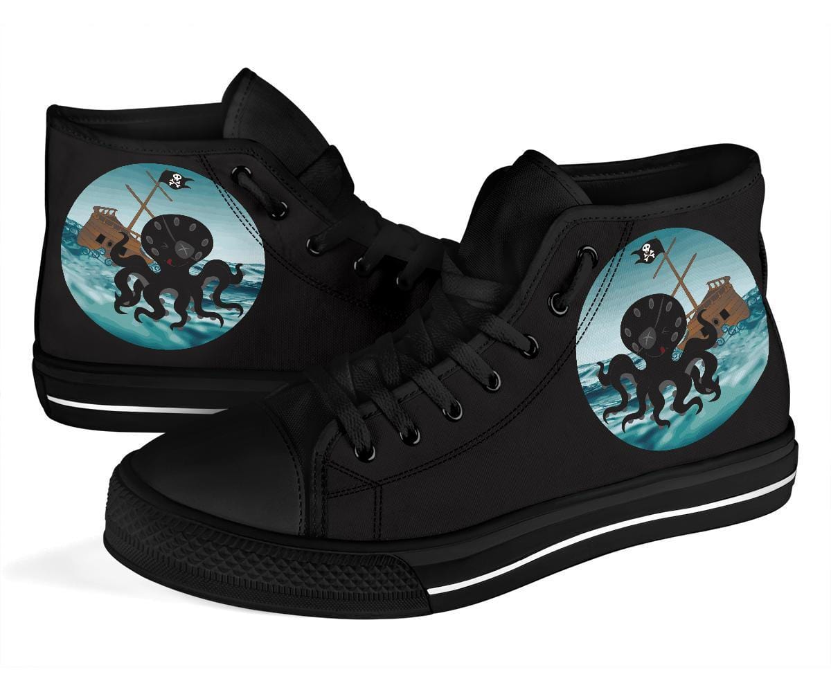 close up view of the woman walking in the Happy Pirate Kraken pirate ship canvas sneakers
