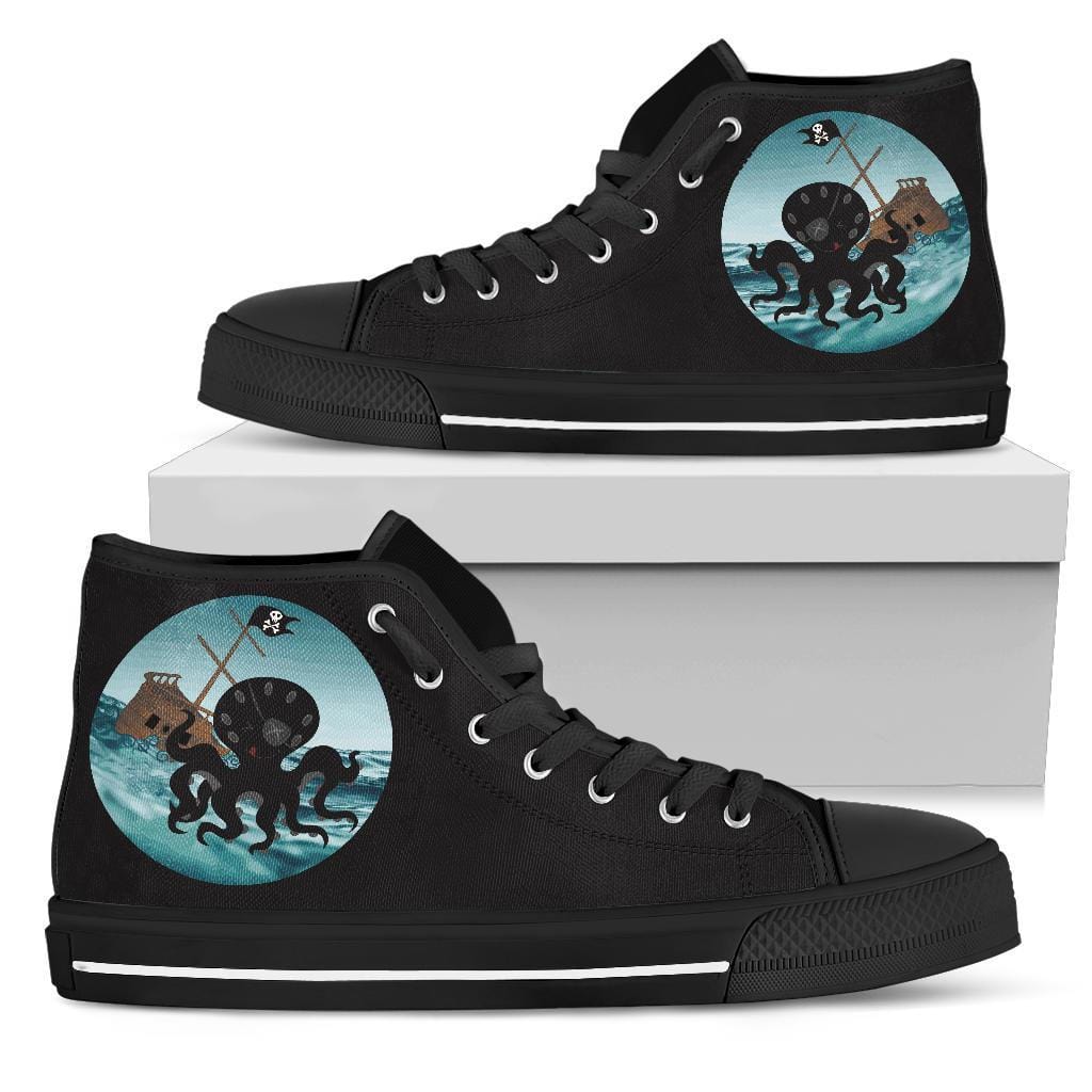 view of the woman walking in the Happy Pirate Kraken pirate ship canvas sneakers on box