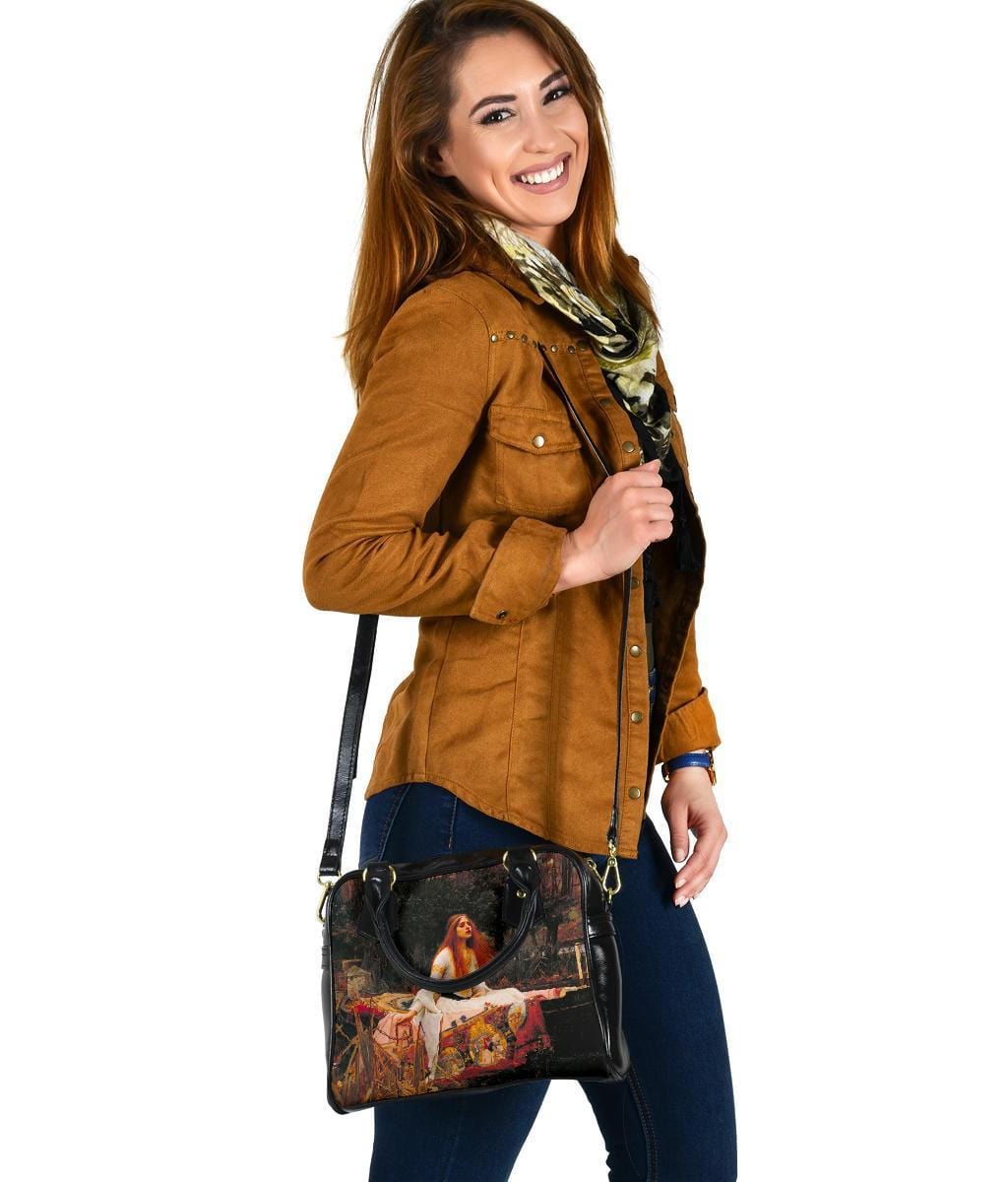 smiling woman with her new Lady of Shalott handbag