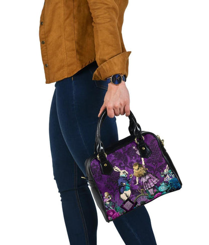 woman walking with the Gothic cute Alice in Wonderland vegan handbag on a purple damask pattern background