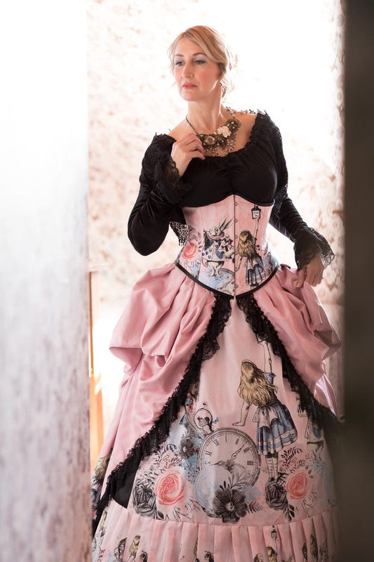 pink alice in wonderland under bust corset gown, custom sized, made in Australia by Gallery Serpentine