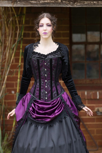 Florencia gothic model in Pandora over bust corset australian made to measure in amethyst satin and black lace