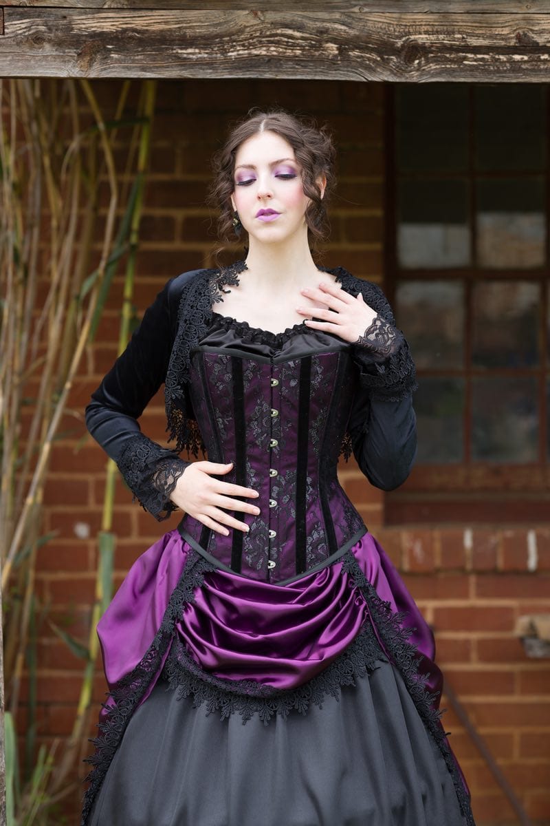 classic victorian steampunk corset and bustle gown set in amethyst and black satin