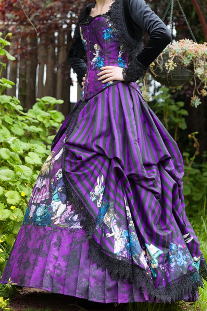 side view of purple & black striped fabric in the dark gothic Alice in Wonderland corset wedding dress from Australia