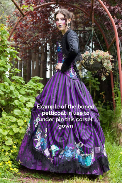 gothic alice in wonderland corset gown in purple and black demonstrating the shape created by the boned petticoat worn underneath