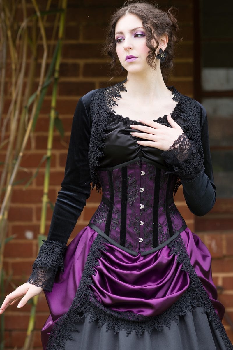 front view of the Majestica gothic black velvet braid trimmed bolero for victorian or gothic clothing at Gallery Serpentine