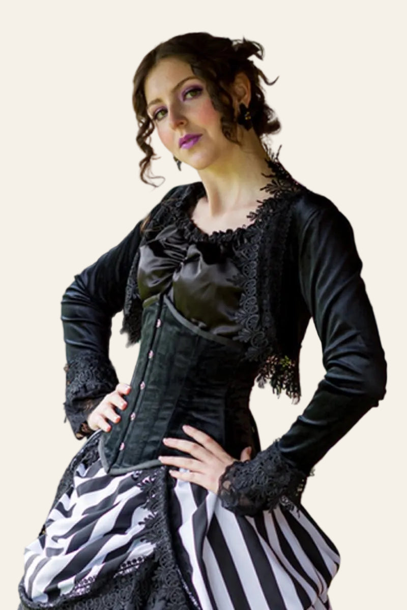 black velvet gothic under bust corset by Gallery Serpentine worn with a black and white striped victorian bustle skirt by Gallery Serpentine