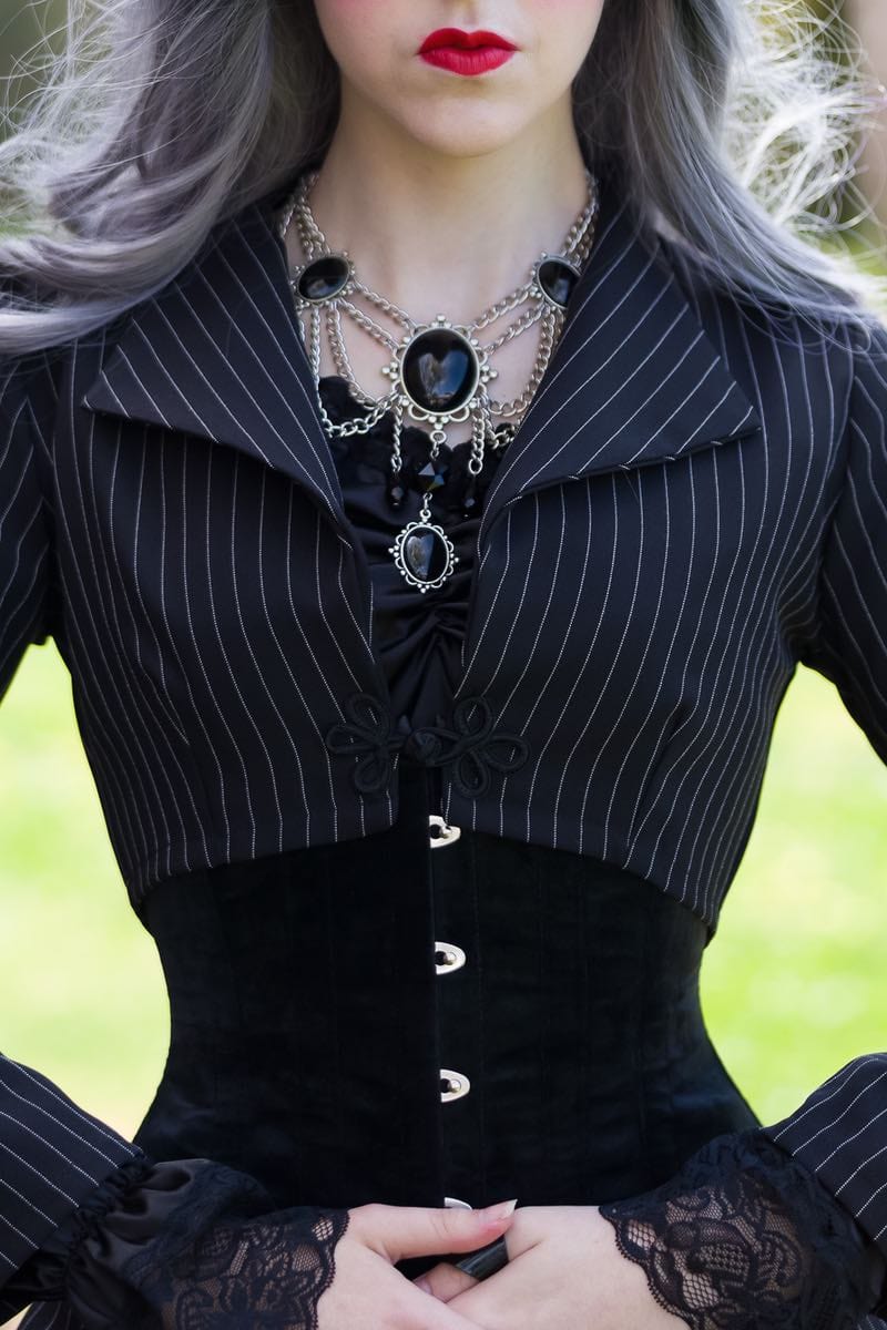 black velvet gothic under bust corset by Gallery Serpentine worn with pinstripe