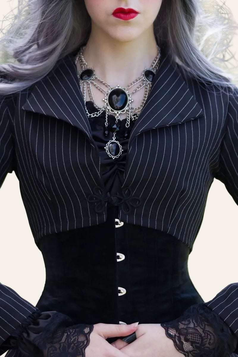 black velvet gothic under bust corset by Gallery Serpentine worn with pinstripe