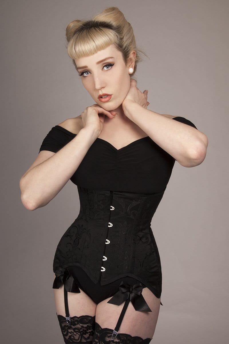 tight lacing black brocade under bust corset made to measurements in Sydney Australia