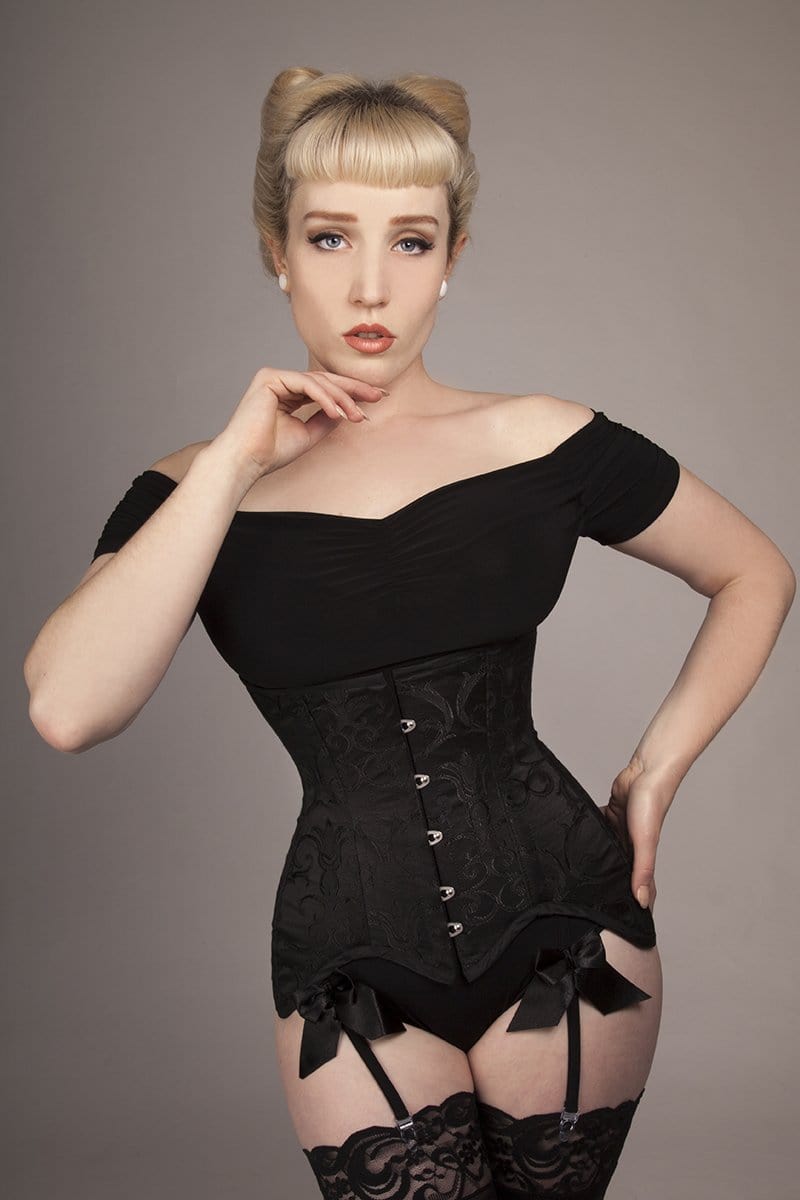 black baroque brocade custom made to measurements Australian made long line under bust victorian corset