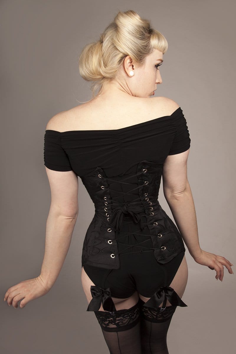 back view of the Longline Lola victorian under bust steel boned brocade corset made in NSW, Australia