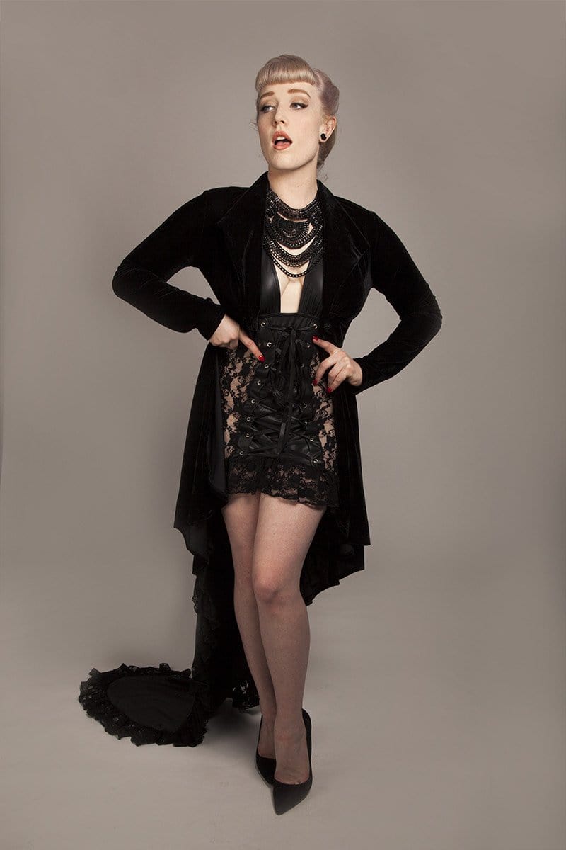 gothic black velvet jacket with high low, long sleeves made in Australia to your measurements