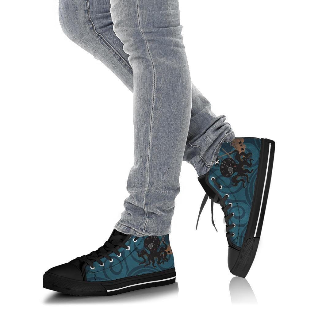 woman walking in the Pirate Kraken print with turquoise blue stylised waves on a women's canvas sneaker