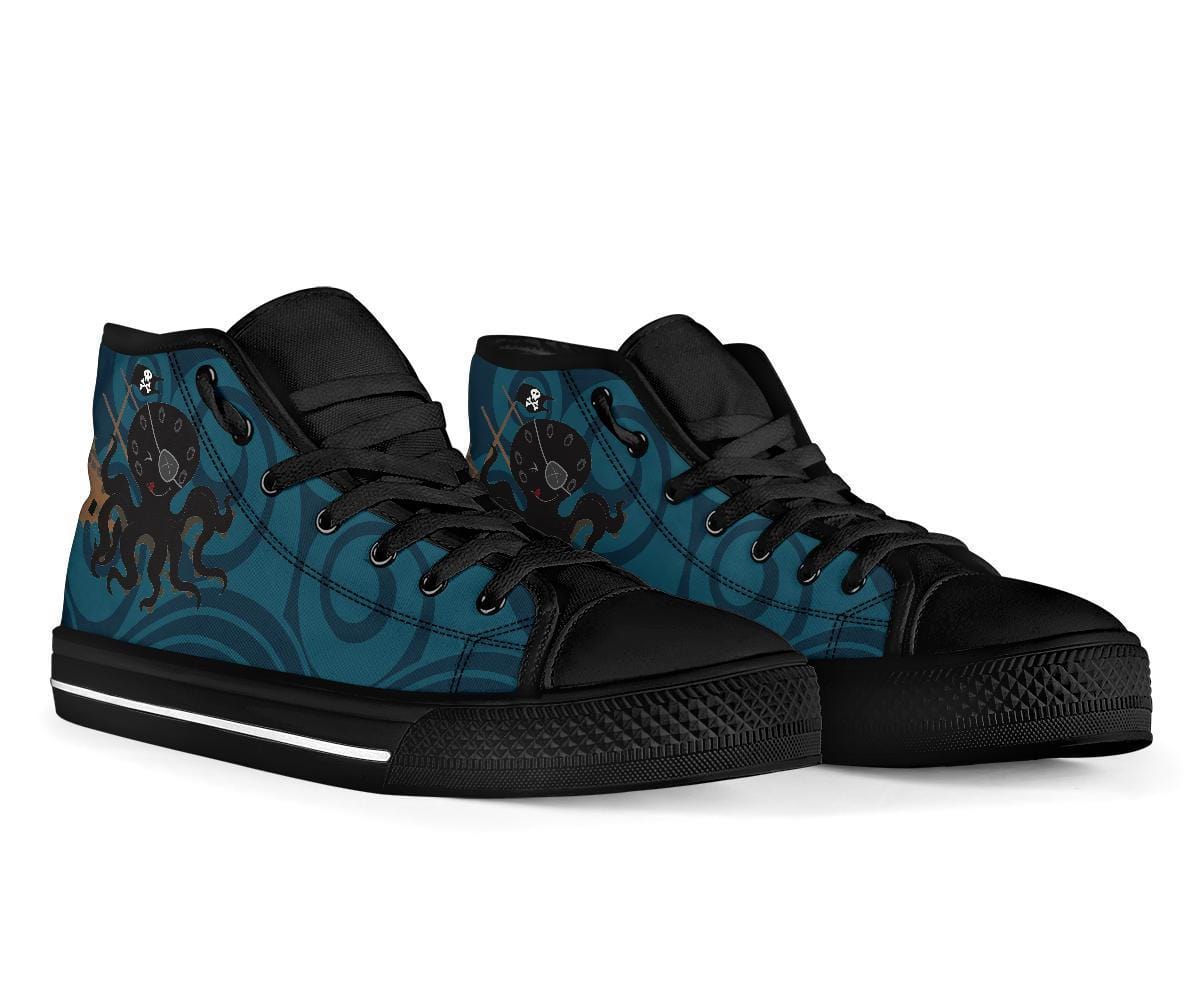 front view of the Pirate Kraken print with turquoise blue stylised waves on a women's canvas sneaker
