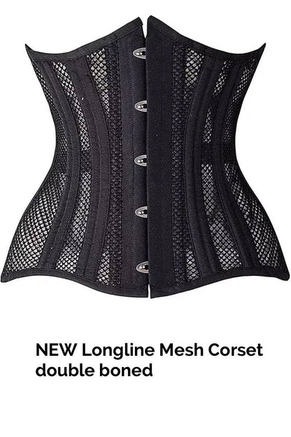 front view with text of the name of the LONGLINE Waist Control Corset that is double steel boned, made from heavy duty mesh and cotton