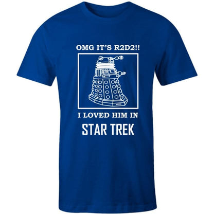 SmilinBlue tshirt printed with a science fiction meme Blue Confusion meme tee for men featuring Star Trek, Dalek & R2D2